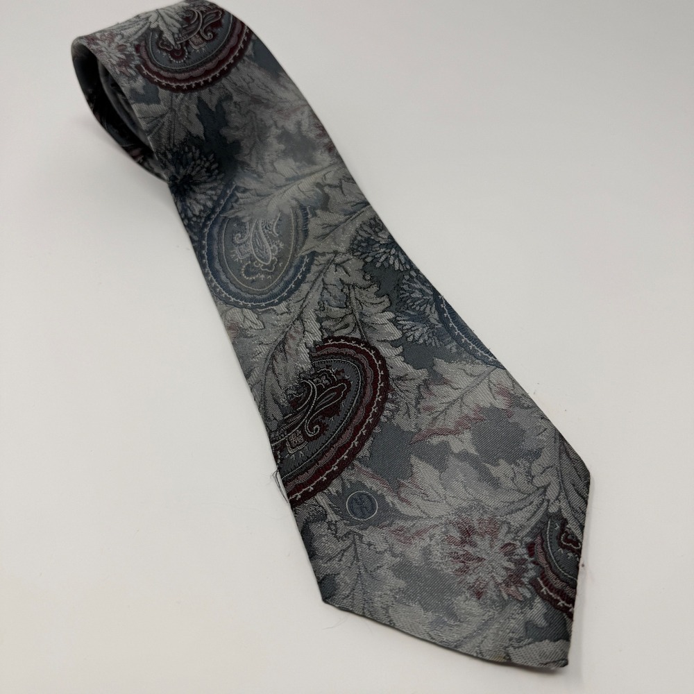 Halston III Mens Paisley Silk Blend Tie Grey Blue Burgundy Floral Woven USA Made